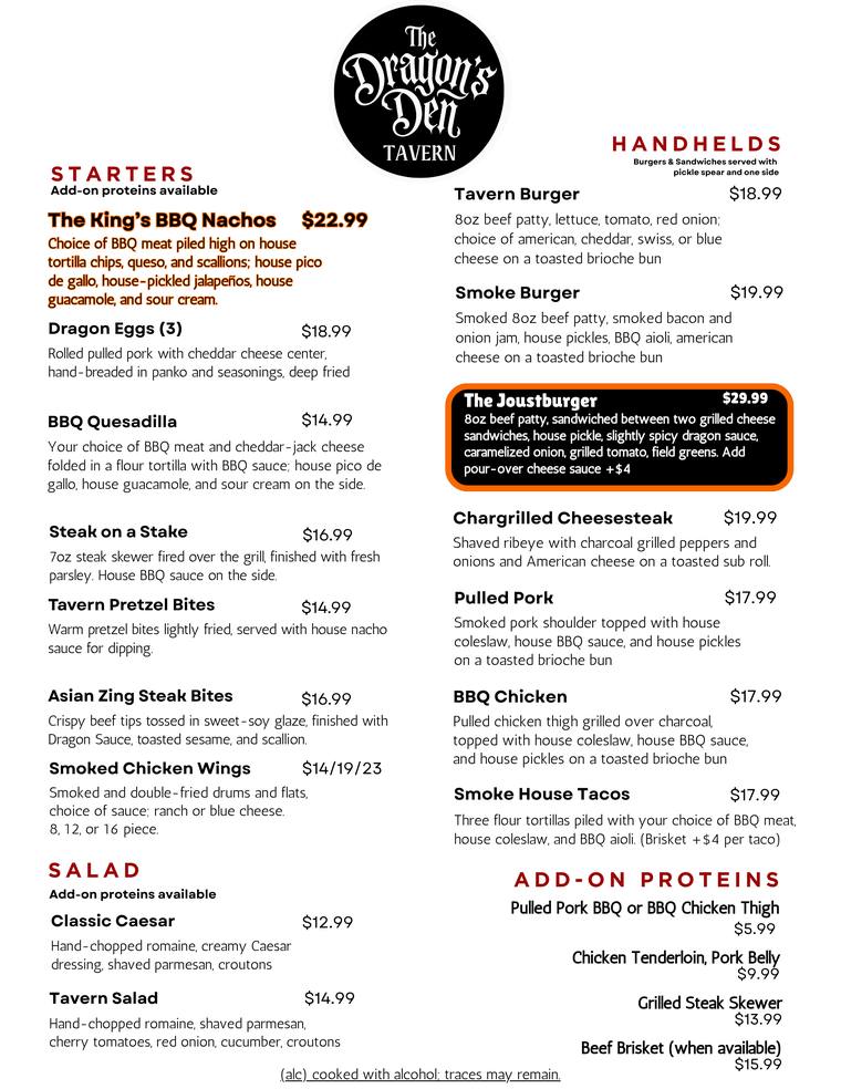 The Dragon's Den Tavern printed menu, page 1 — starters, salads, burgers & handhelds, and add-on proteins, with prices