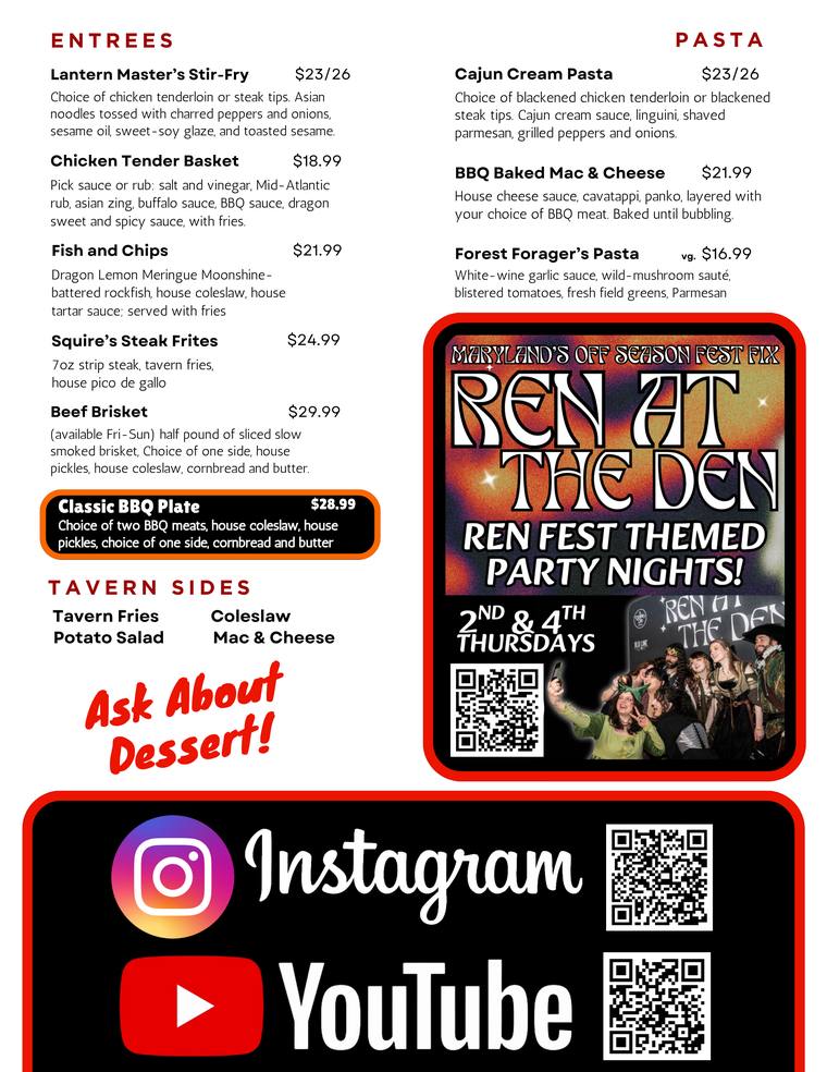 The Dragon's Den Tavern printed menu, page 2 — entrées, tavern sides, pasta, and Ren at the Den nights, with prices